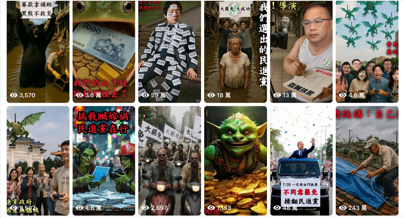 Grid of AI-generated short videos from the 2025 recall election. Frogs, zombies, peasants, Yoda-like creatures — visual political symbolism, not claim-based content.