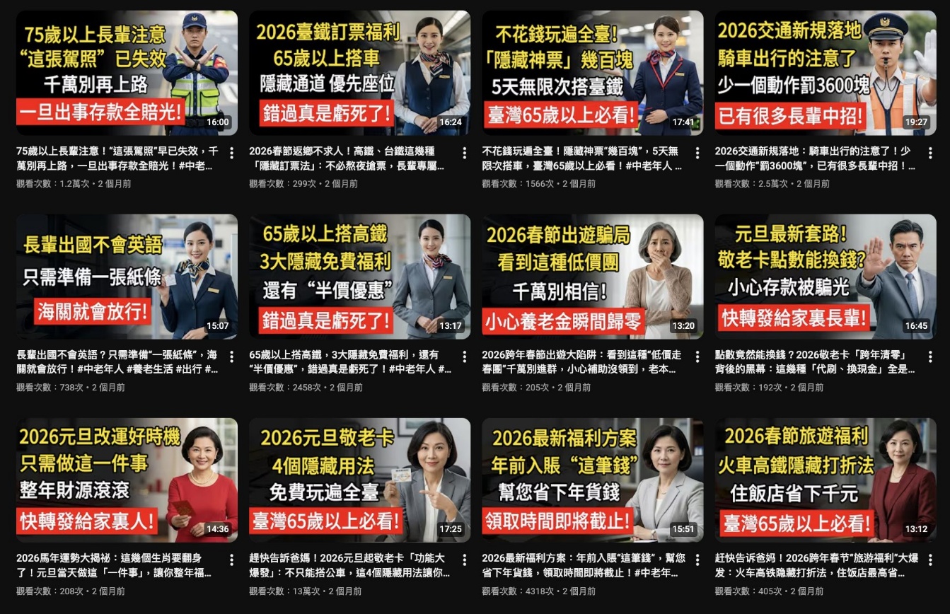 Grid of 12 thumbnail/title pairs from the 樂齡指南 (Senior's Guide) YouTube channel.
